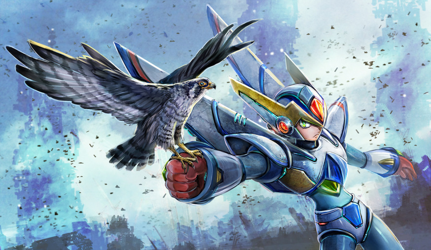 android bird bird_of_prey clenched_hand commentary_request cowboy_shot dutch_angle falcon gloves green_eyes helmet kiwakiwa looking_to_the_side male_focus md5_mismatch outstretched_arm peregrine_falcon power_armor red_gloves rockman rockman_x rockman_x5 serious x_(rockman)