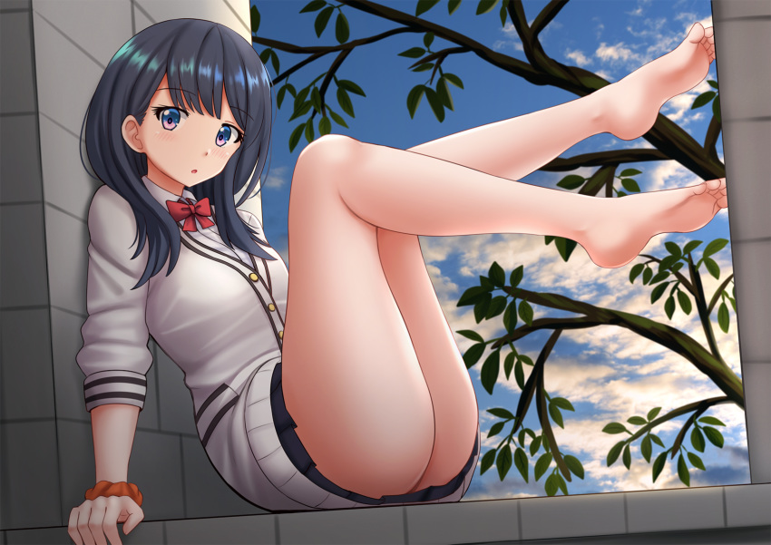 :o against_wall arm_support ass bare_legs barefoot black_skirt blue_eyes blue_sky blush bow bowtie cloud collared_shirt commentary day english_commentary eyebrows_visible_through_hair feet from_side full_body greyscale highres jacket kazenokaze leaning_back legs_up long_hair looking_to_the_side microskirt monochrome no_panties parted_lips pleated_skirt red_bow red_neckwear scrunchie shirt sitting skirt sky sleeves_past_elbows soles solo ssss.gridman takarada_rikka toes tree white_jacket white_shirt window wrist_scrunchie