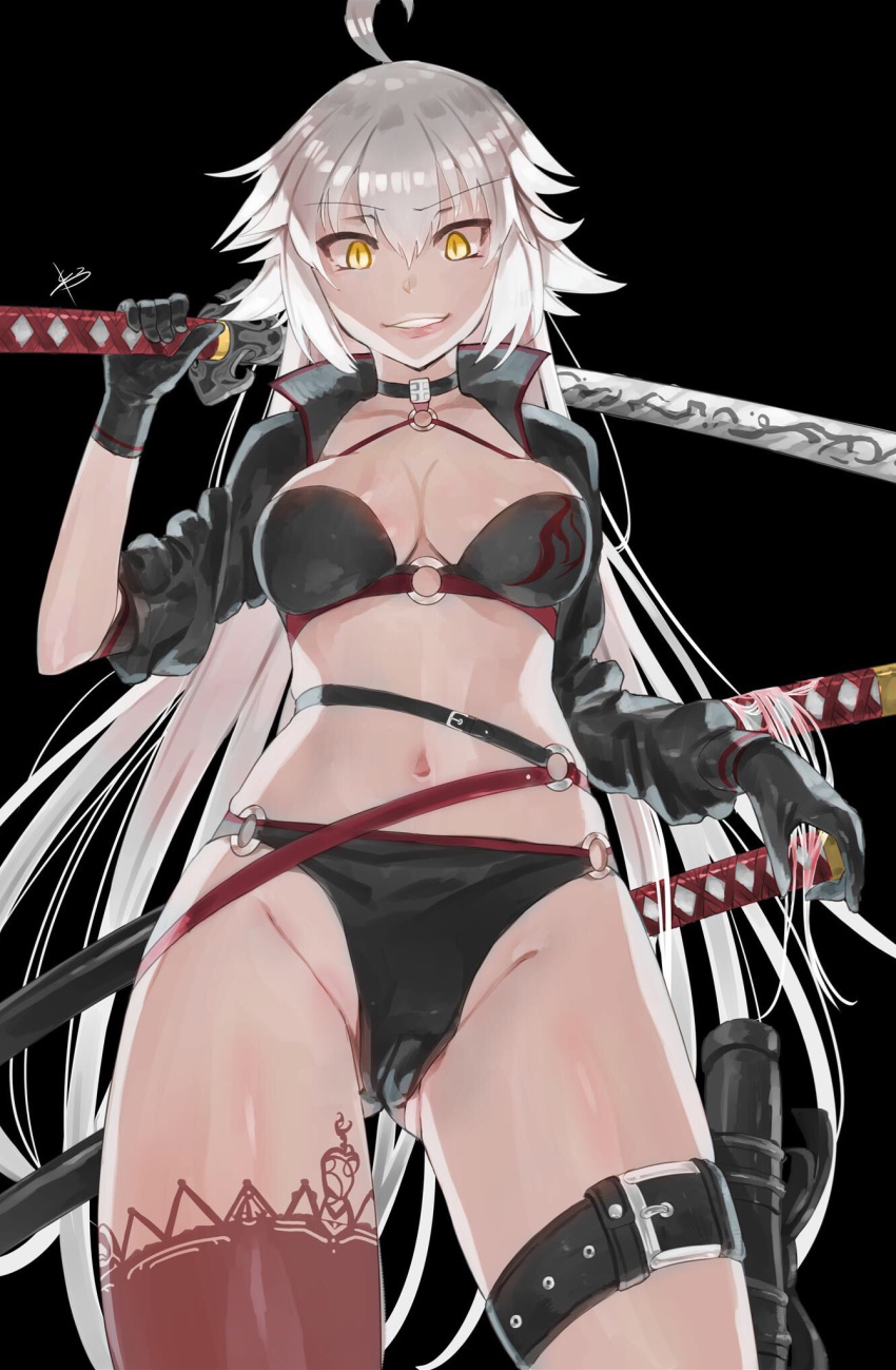 ahoge ass_visible_through_thighs bikini black_background black_bikini black_gloves black_jacket breasts cleavage fate/grand_order fate_(series) gloves groin highres jacket jeanne_d'arc_(alter_swimsuit_berserker) jeanne_d'arc_(fate)_(all) long_hair medium_breasts navel o-ring o-ring_bikini o-ring_top reeya simple_background sleeves_rolled_up slit_pupils smile solo standing swimsuit sword thigh_strap very_long_hair weapon white_hair yellow_eyes