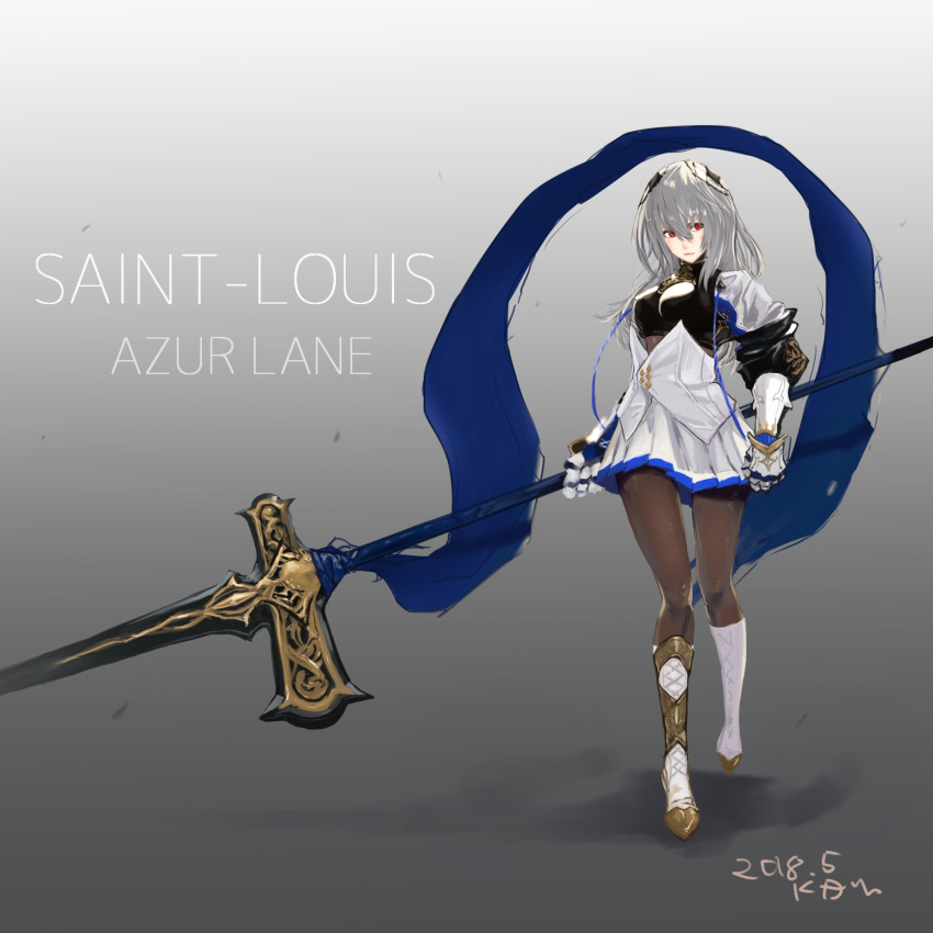 azur_lane bangs breastplate breasts brown_shirt character_name closed_mouth commentary corset dated diamond_(shape) expressionless fleur_de_lis floating_hair gauntlets gradient gradient_background grey_background grey_hair hair_between_eyes hair_ornament hand_up head_tilt highres holding holding_polearm holding_weapon jacket kdm_(ke_dama) large_breasts left-handed long_hair looking_away mid-stride miniskirt mole mole_under_eye pantyhose parted_lips pleated_skirt polearm polearm_behind_back red_eyes saint-louis_(azur_lane) shirt sidelocks signature simple_background skirt solo walking weapon white_footwear white_skirt