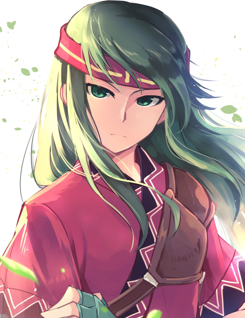 closed_mouth commentary_request fingerless_gloves fire_emblem fire_emblem:_fuuin_no_tsurugi gloves green_eyes green_gloves green_hair headband highres long_hair muneate nakabayashi_zun short_sleeves simple_background solo sue_(fire_emblem) white_background