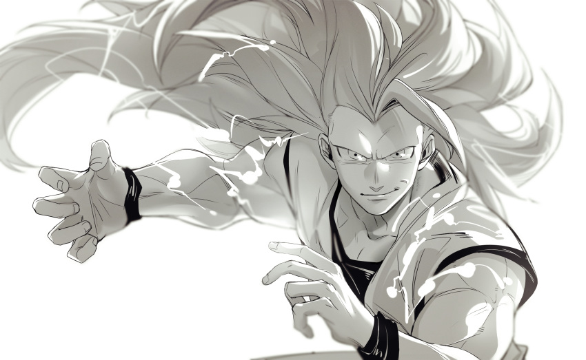 blurry depth_of_field dougi dragon_ball dragon_ball_z fighting_stance fingernails floating_hair frown greyscale grin highres long_hair looking_at_viewer male_focus monochrome no_eyebrows simple_background smile son_gokuu super_saiyan_3 tobu_(bilibil) upper_body very_long_hair white_background wristband