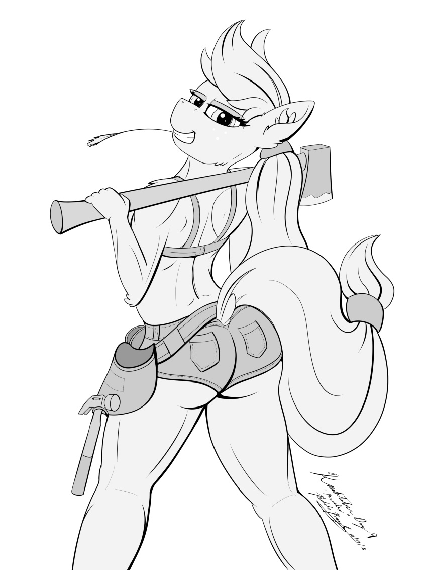 anthro applejack_(mlp) athletic axe booty_shorts bra clothed clothing equine female friendship_is_magic horse kinktober looking_back mammal melee_weapon monochrome muscular my_little_pony pedalspony_(artist) pinup pony pose shorts tool_belt underwear weapon