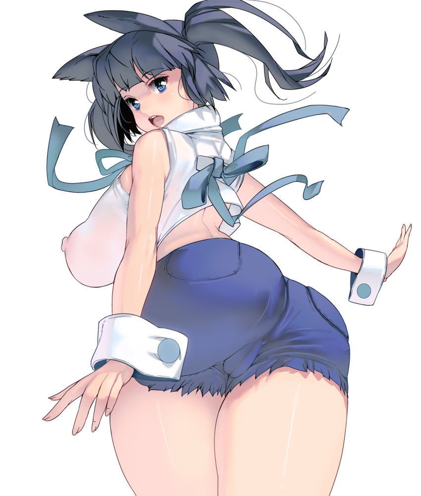 ass bare_shoulders black_hair blue_eyes blue_ribbon breasts cameltoe commentary cuffs curvy from_behind highres huge_breasts looking_at_viewer looking_back masao open_mouth original plump puffy_nipples ribbon round_teeth see-through short_hair short_shorts shorts simple_background solo teeth thick_thighs thighs white_background