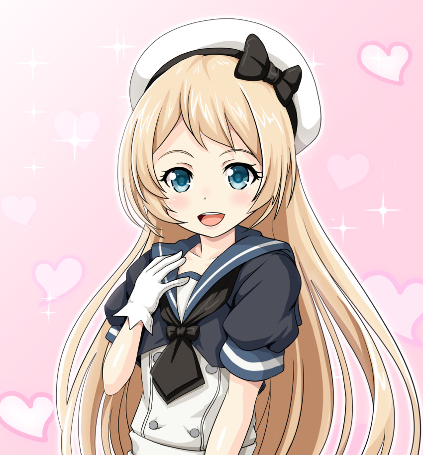 :d blonde_hair blue_eyes commentary_request gloves hat heart heart_background highres jervis_(kantai_collection) kantai_collection long_hair looking_at_viewer open_mouth pink_background sailor_hat school_uniform serafuku simple_background smile solo sparkle tk8d32 white_gloves