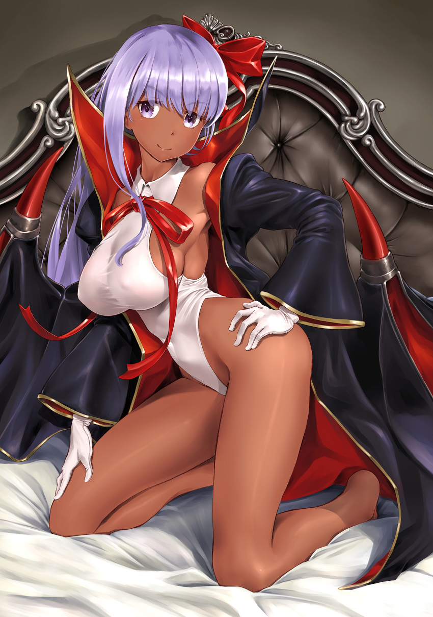 bare_hips bare_legs barefoot bb_(fate)_(all) bb_(swimsuit_mooncancer)_(fate) black_cloak breasts collared_cloak collared_leotard covered_nipples fate/grand_order fate_(series) gloves gyaru high_collar highleg highleg_leotard highres impossible_clothes impossible_leotard large_breasts lavender_eyes lavender_hair legs leotard long_hair long_sleeves narrow_waist open_cloak smile tan taut_leotard vampire_costume wa_(genryusui) white_gloves white_leotard wide_sleeves wing_collar