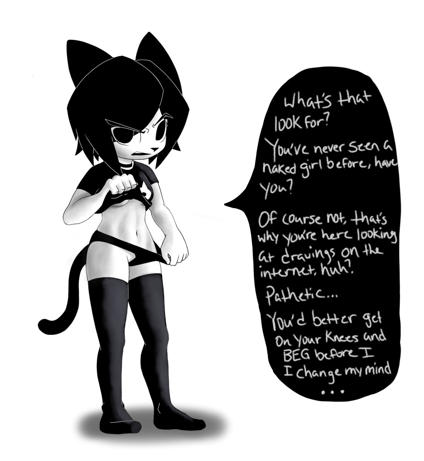 5_fingers anthro biped black_eyes black_hair black_nose black_tail breasts cat choker clothed clothing dialogue english_text eyebrows feline female fur hair humiliation legwear looking_at_viewer mammal marie_(gaturo) navel panties shirt simple_background solo speech_bubble standing stockings t-shirt text thigh_highs tsundere under_boob underwear undressing unknown_artist white_background white_fur