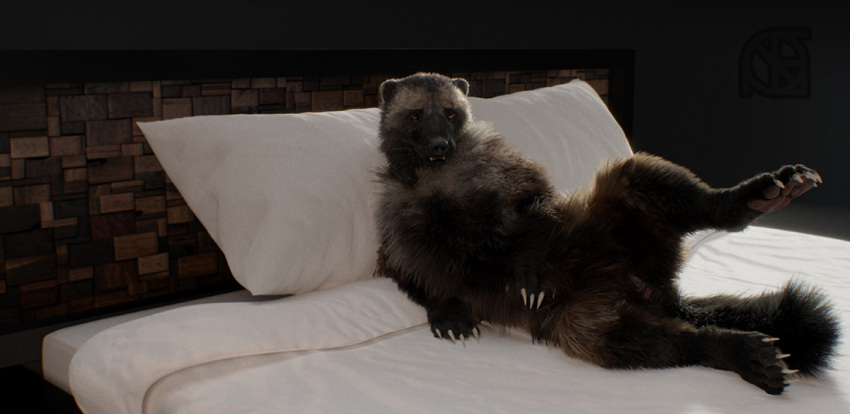 3d_(artwork) anthro anus bed claws cosmiclife digital_media_(artwork) feet female feral flat_chested fur looking_at_viewer lying mammal mustelid on_back on_side paws pinup pose pussy realistic semi-anthro solo spread_legs spreading whiskers wolverine zoe