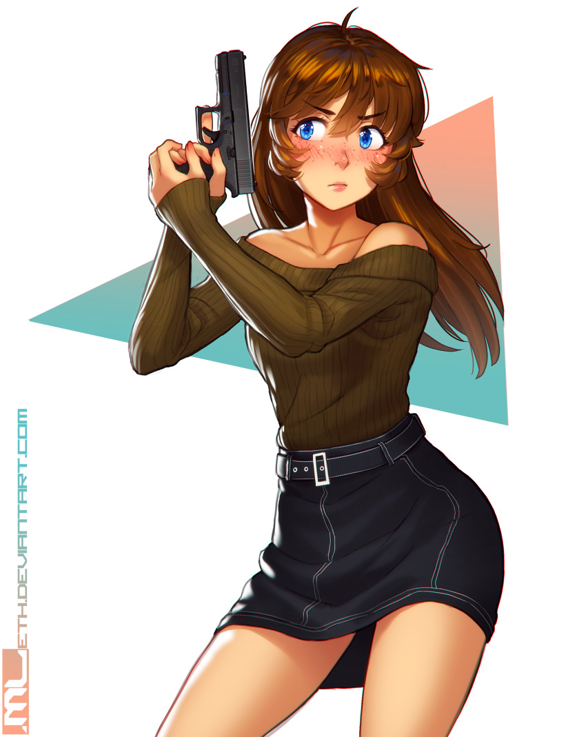 absurdres bare_shoulders belt black_skirt blue_eyes blush breasts brooke_(mathias_leth) brown_hair brown_sweater collarbone commentary english_commentary eyebrows_visible_through_hair freckles glock gun hair_down handgun highres holding holding_weapon long_hair mathias_leth off-shoulder_sweater original ribbed_sweater skirt small_breasts solo sweater trigger_discipline weapon