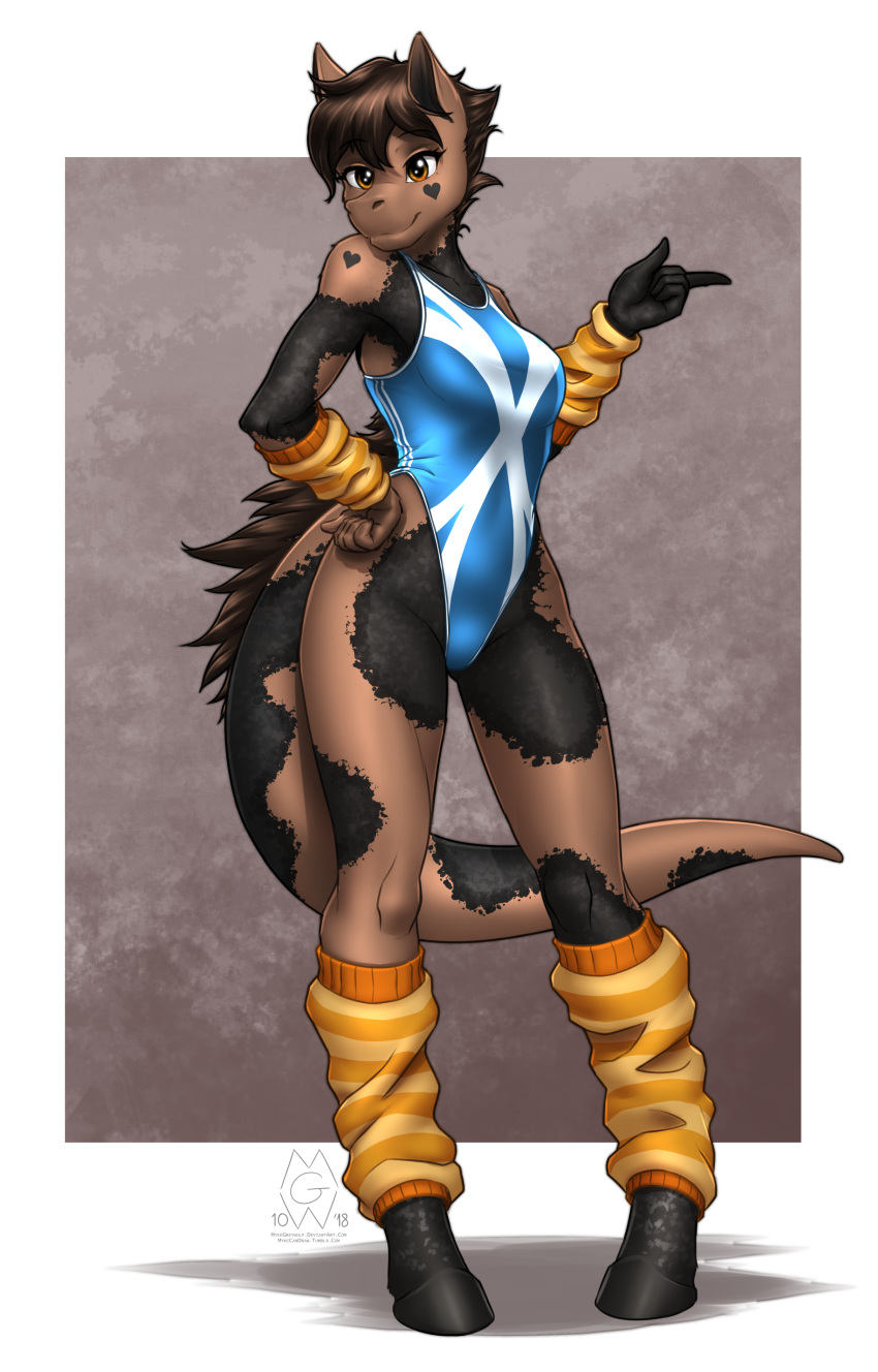 &lt;3 2018 5_fingers absurd_res anthro biped black_markings breasts brown_eyes brown_hair clothed clothing digital_media_(artwork) dinosaur equine fan_character female hair hand_on_hip hi_res hooves horse hybrid leg_warmers legwear long_tail looking_at_viewer mammal markings my_little_pony mykegreywolf nessy_(kungfury) one-piece_swimsuit pony short_hair simple_background sleeves smile solo splotches_(marking) standing swimsuit thick_tail thin_waist tight_clothing