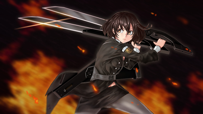 black_hair black_skirt braid breasts brown_eyes buchi dual_wielding grey_legwear holding iron_saga looking_at_viewer military military_uniform nakago_iii_(iron_saga) pencil_skirt scissor_blade sheath skirt small_breasts solo uniform