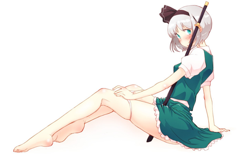 arm_support bare_legs barefoot between_legs black_hairband blush breasts commentary_request green_eyes green_skirt hairband konpaku_youmu looking_at_viewer medium_breasts non_(z-art) panties panty_pull perky_breasts puffy_short_sleeves puffy_sleeves short_hair short_sleeves silver_hair skirt solo sword touhou underwear weapon white_panties
