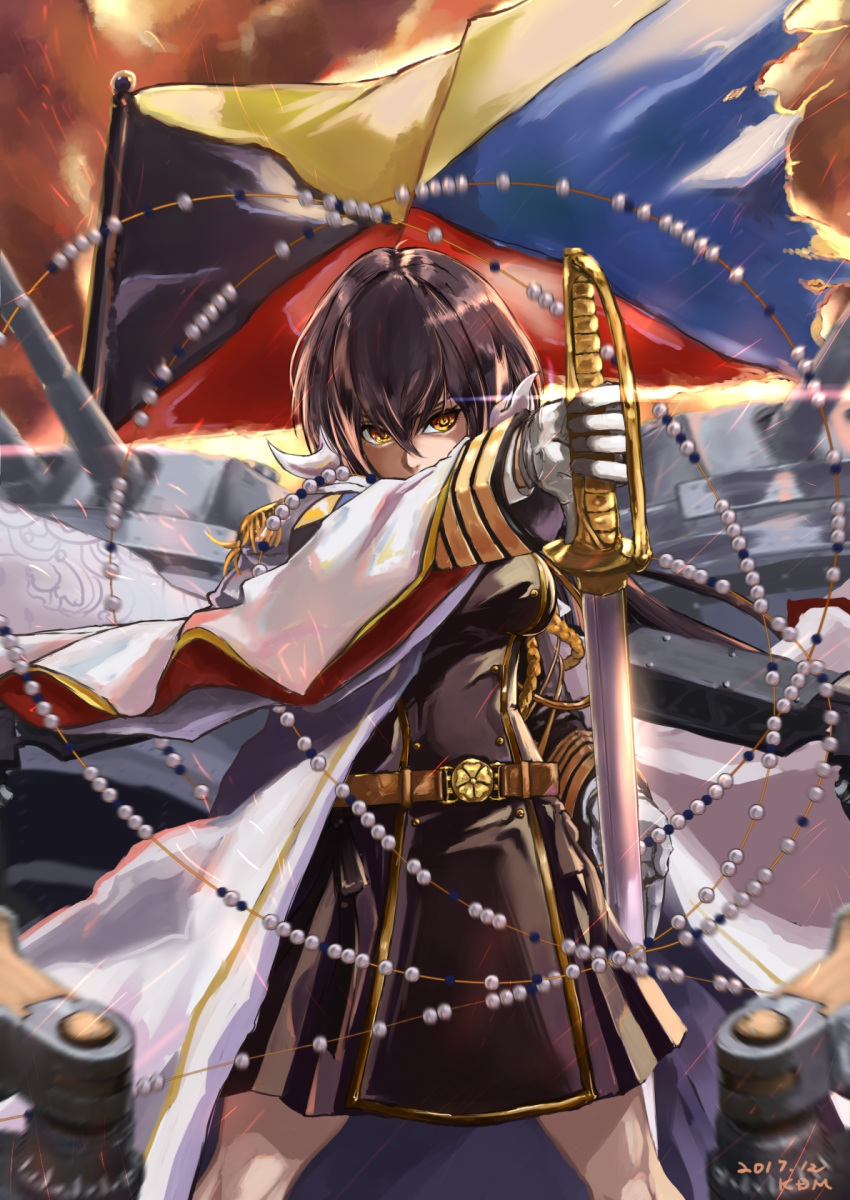 aiguillette azur_lane bangs banner belt black_hair black_jacket black_skirt blurry breasts brown_hair cannon cloud cloudy_sky covered_mouth dated depth_of_field epaulettes glint gloves hair_between_eyes highres holding holding_sword holding_weapon horns impossible_clothes jacket kdm_(ke_dama) light_particles long_hair long_sleeves looking_at_viewer medium_breasts mikasa_(azur_lane) military military_uniform motion_blur open_mouth outdoors red_sky rigging sidelocks signature skirt sky solo sword turret uniform weapon white_gloves wind wind_lift z_flag