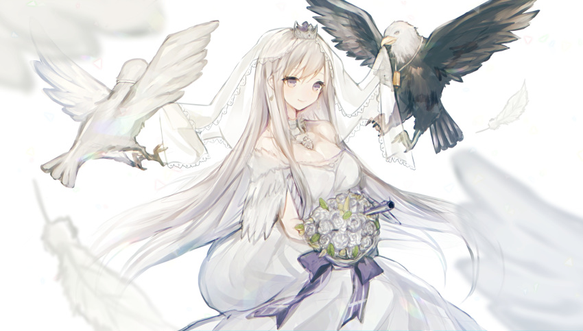 aircraft airplane azur_lane bald_eagle bird bouquet breasts bridal_veil cleavage cowboy_shot crown detached_collar dove dress eagle enterprise_(azur_lane) feathers flower highres himino0 large_breasts long_hair looking_at_viewer mini_crown purple_eyes silver_hair smile solo veil wedding_dress white_background