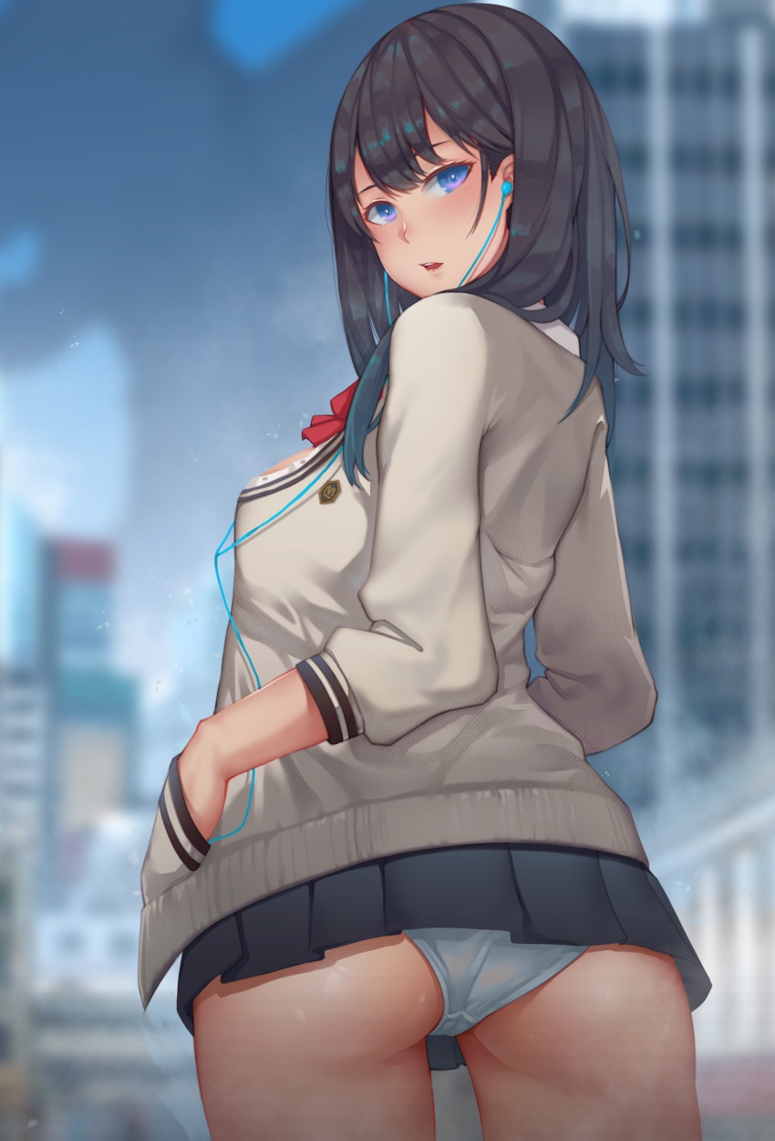 absurdres ass black_hair blue_eyes blurry blurry_background cardigan chinese_commentary commentary_request cowboy_shot ctrlz77 earbuds earphones hands_in_pockets highres long_hair looking_at_viewer looking_back panties pleated_skirt school_uniform skirt solo ssss.gridman takarada_rikka underwear