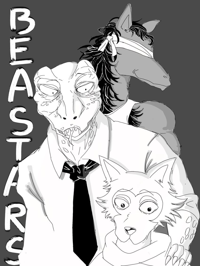 2018 anthro beastars blindfold canine equine grandfather horse komodo_dragon legosi's_grandfather legosi_(beastars) lizard looking_at_viewer male mammal monitor_lizard monochrome reptile scalie sea_monster_101 simple_background smile standing tongue tongue_out wolf yafya_(beastars) young