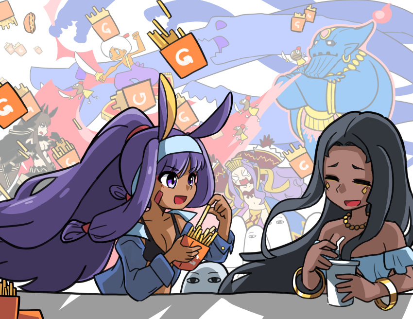 black_hair bracelet breathing_fire carpet commentary cup dark_skin disposable_cup drinking_straw facial_mark fate/grand_order fate_(series) fire food french_fries genie ghost highres hot_dog jewelry long_hair marlowe medjed multiple_girls necklace nitocris_(fate/grand_order) purple_eyes scheherazade_(fate/grand_order) scimitar semiramis_(fate) summoning sword very_long_hair weapon wu_zetian_(fate/grand_order)