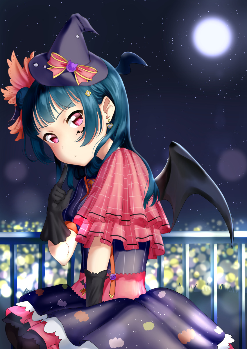 absurdres black_gloves black_legwear black_wings blue_dress blue_hair blue_wings bow commentary_request dress earrings elbow_gloves full_moon gloves hair_bun halloween hat hat_bow head_tilt head_wings heart heart_earrings highres index_finger_raised jewelry long_hair looking_at_viewer looking_to_the_side love_live! love_live!_sunshine!! luna_(mi-chanman) mini_hat mini_witch_hat moon night night_sky pantyhose parted_lips pleated_dress puffy_short_sleeves puffy_sleeves purple_eyes purple_hat red_bow short_sleeves side_bun sitting sky solo star_(sky) starry_sky striped tilted_headwear tsushima_yoshiko vertical-striped_dress vertical_stripes wings witch_hat