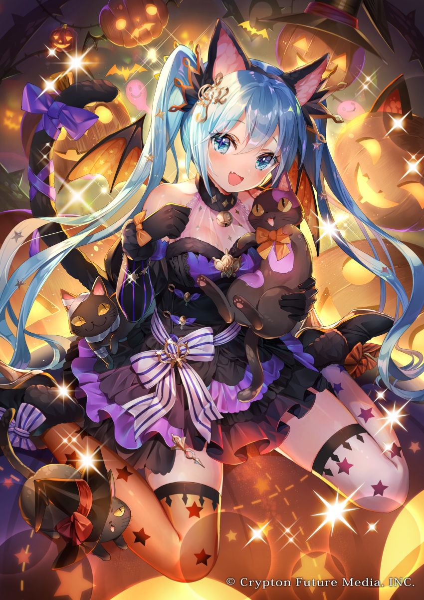 :3 :d animal_ears aqua_eyes aqua_hair bandages bare_shoulders bat bat_wings bell black_cat black_dress black_footwear black_gloves black_hairband blush bow breasts cat cat_tail cleavage commentary_request dress elbow_gloves eyebrows_visible_through_hair fake_animal_ears fanf gloves hair_between_eyes hair_ornament hairband halloween hat hatsune_miku highres holding holding_cat jack-o'-lantern jingle_bell layered_dress long_hair looking_at_viewer medium_breasts mismatched_legwear nemusuke official_art open_mouth orange_bow orange_legwear orange_wings paw_pose paws print_legwear pumpkin purple_bow see-through shiny shiny_hair shoes sitting sleeveless sleeveless_dress slit_pupils smile solo sparkle star star_print striped striped_bow striped_gloves tail tail_bow thighhighs thorns twintails very_long_hair vocaloid wariza white_bow white_legwear wings witch_hat yellow_sclera