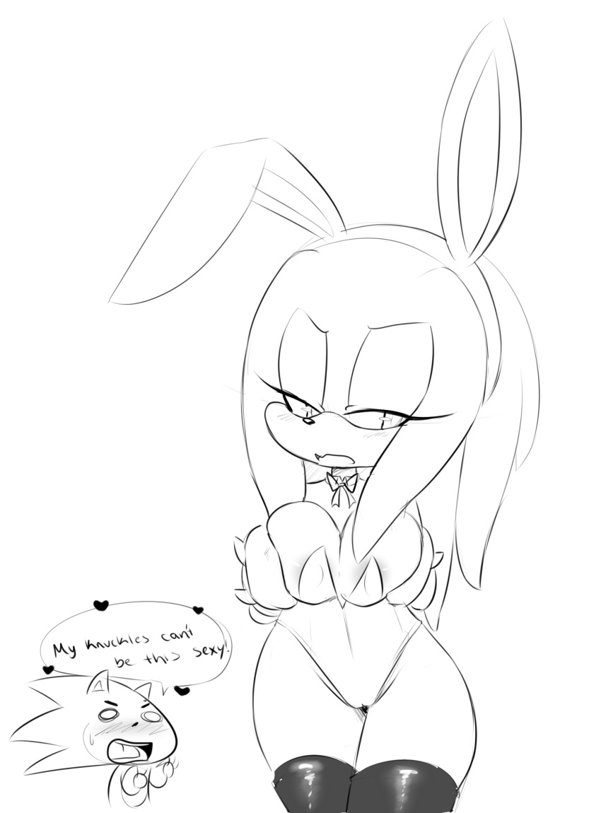 &lt;3 anthro areola_slip blush breasts bunny_costume camel_toe clothed clothing costume crossgender duo english_text eyelashes fake_ears fake_rabbit_ears female greyscale half-closed_eyes hearlesssoul knuckles_the_echidna legwear leotard male monochrome simple_background sonic_(series) sonic_the_hedgehog speech_bubble stockings text white_background