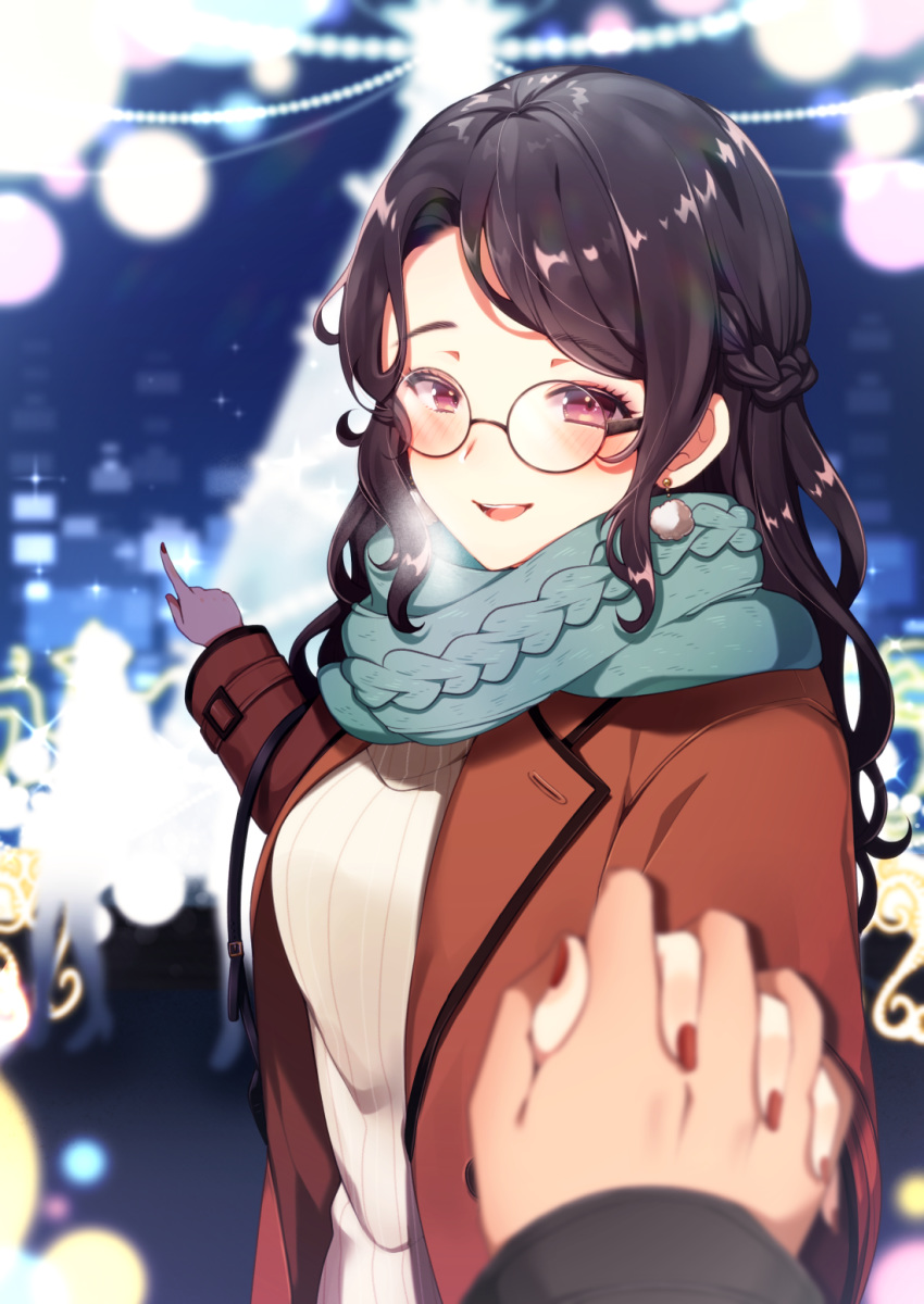 :d black_hair blue_scarf blurry blurry_background blurry_foreground blush braid crown_braid earrings foreshortening glasses highres holding_hands jewelry long_sleeves looking_at_viewer nail_polish open_mouth original pointing ponita red_nails ribbed_sweater scarf smile sweater