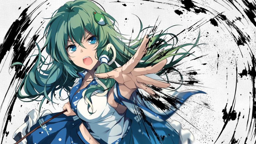 album_cover blue_eyes blue_skirt breasts cover d: detached_sleeves eyebrows_visible_through_hair floating_hair foreshortening frog_hair_ornament green_hair hair_ornament hair_tubes hand_up highres hirai_yuzuki holding kochiya_sanae long_hair looking_at_viewer navel nontraditional_miko open_mouth outstretched_arm outstretched_hand serious shirt skirt snake_hair_ornament solo touhou upper_body v-shaped_eyebrows white_shirt