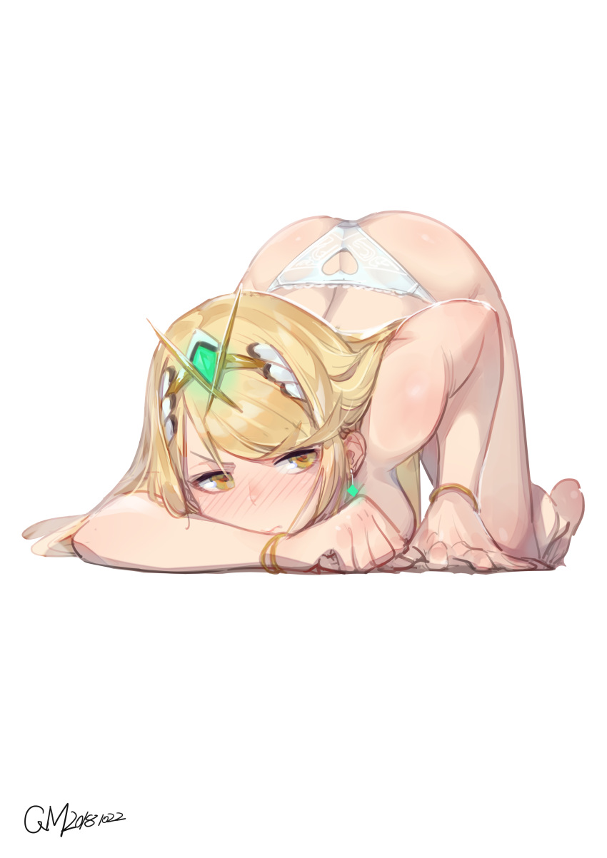 absurdres ass bangs blonde_hair blush breasts dated full_body gorgeous_mushroom headpiece heart_cutout highres hikari_(xenoblade_2) large_breasts looking_at_viewer md5_mismatch nose_blush panties revision signature solo swept_bangs tiara topless underwear underwear_only xenoblade_(series) xenoblade_2 yellow_eyes