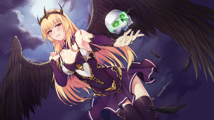 blonde_hair blush breasts cleavage clouds dress feathers fist_of_love game_cg headdress hentai_kuwa long_hair magic moon skull sky tagme_(character) thighhighs wings yellow_eyes