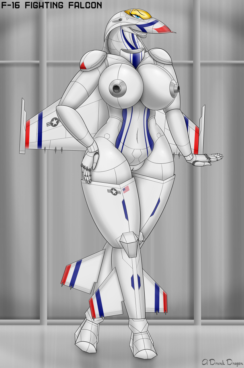 2018 a_drunk_dragon aircraft aircraft_humanoid airplane alternate_species anthro ashley_(firestorm3) big_breasts blue_eyes breasts digital_media_(artwork) f-16 female huge_breasts humanoid humanoidized jet living_aircraft living_machine machine nipples not_furry nude pussy smile solo thick_thighs voluptuous white_body wide_hips