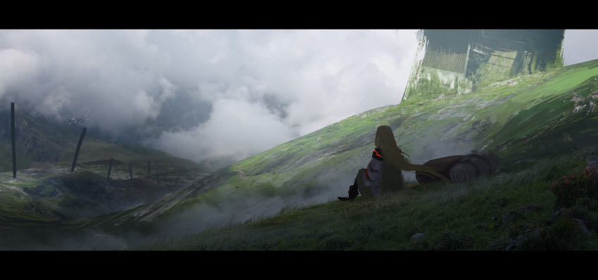 absurdres asuteroid backpack bad_id bad_twitter_id bag blonde_hair cloud cloudy_sky commentary_request from_behind grass highres hill iris_(asuteroid) long_hair neon_trim original outdoors pillar ruins scenery sitting sky solo very_long_hair wide_shot