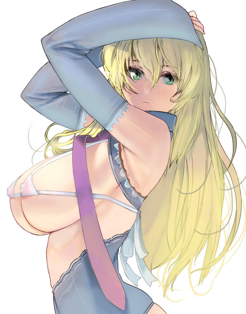 absurdres armpits bangs bare_shoulders blonde_hair breasts commentary_request corset covered_nipples cowboy_shot curvy detached_sleeves eyebrows_visible_through_hair from_side green_eyes hair_between_eyes highres large_breasts long_hair looking_at_viewer masao micro_bikini_top original parted_lips sideboob solo