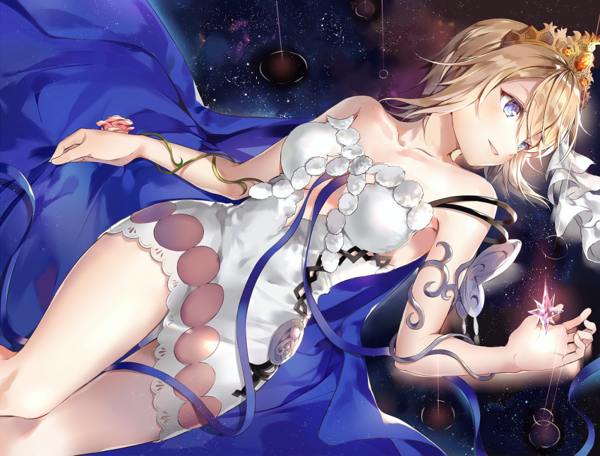 bangs bare_shoulders blonde_hair blue_eyes collarbone commentary_request dress europa_(granblue_fantasy) flower granblue_fantasy hair_ornament hinahino looking_to_the_side lying on_back open_mouth short_hair solo star starry_background tiara water_drop
