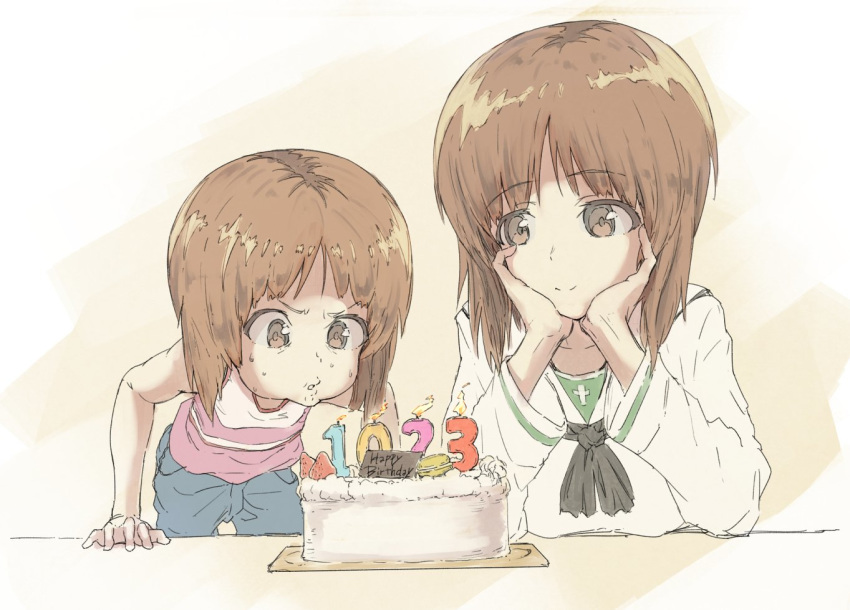 birthday birthday_cake blowing brown_eyes brown_hair cake candle commentary_request dual_persona food fruit girls_und_panzer goripan multiple_girls nishizumi_miho ooarai_school_uniform school_uniform serafuku short_hair simple_background strawberry tank_top time_paradox younger