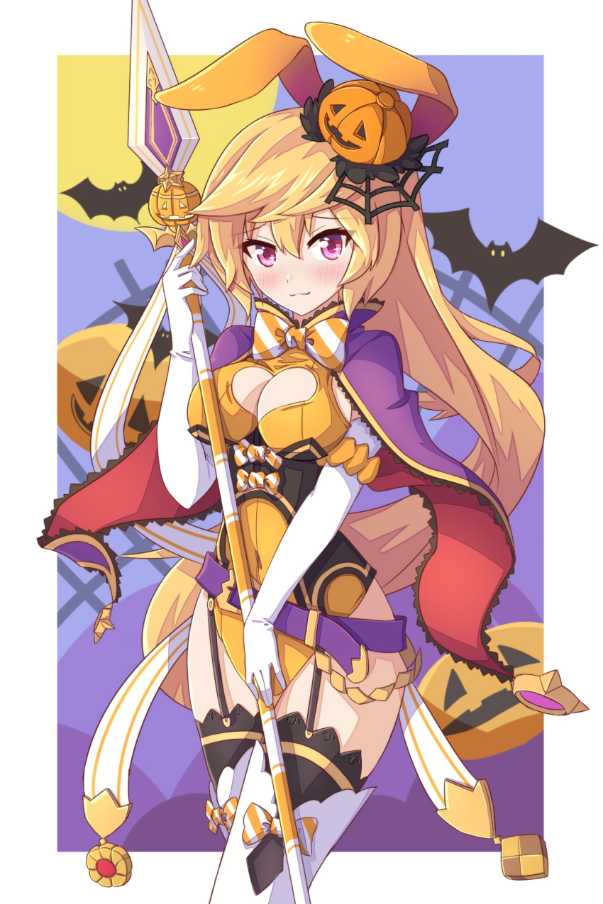 1girl animal_ears bats blonde_hair blush bow breasts bunny_ears cleavage cutout_cleavage cygames dragalia_lost elbow_gloves elisanne fake_bunny_ears garter_straps gloves halloween jack_o'_lantern leotard moon night night_sky nintendo orange_leotard pumpkin red_eyes sky thighhighs thighs white_elbow_gloves white_gloves white_thighhighs