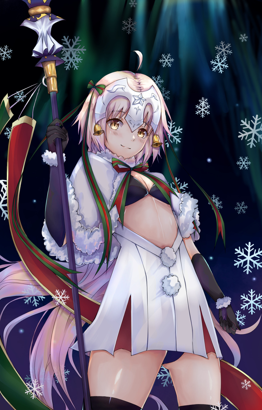 absurdres bangs bell bikini_top black_bikini_top black_gloves black_legwear blue_panties blush bow breasts brown_eyes capelet cleavage closed_mouth commentary_request cowboy_shot dress elbow_gloves eyebrows_visible_through_hair fate/grand_order fate_(series) fur-trimmed_capelet fur_trim gloves green_bow green_ribbon hair_bow hand_up head_tilt headpiece highres holding holding_spear holding_weapon jeanne_d'arc_(fate)_(all) jeanne_d'arc_alter_santa_lily jin_moru light_brown_hair long_hair panties pleated_dress polearm ribbon small_breasts smile snowflakes solo spear standing striped striped_bow striped_ribbon thighhighs underwear very_long_hair weapon white_capelet white_dress