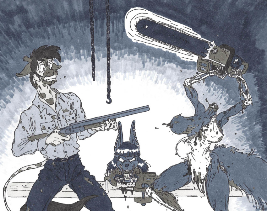 alex_kl5 anthro anubian_jackal blood canine chainsaw clothed clothing conditional_dnp decapitation duo female fight giraffe giraffid gore gun holding_object holding_weapon jackal kadath male mammal marker_(artwork) nightshade_(kadath) patrick_(kadath) ranged_weapon the_evil_dead tools traditional_media_(artwork) undead weapon zombie