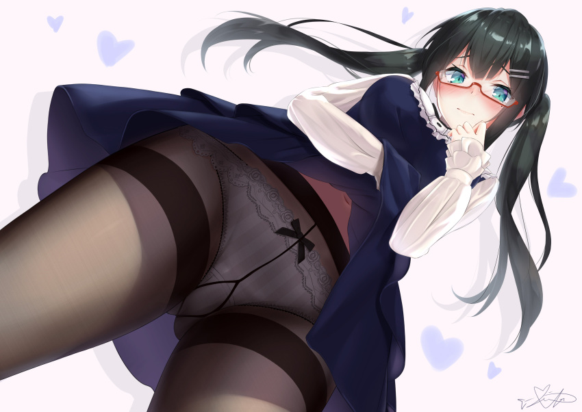 3: absurdres aqua_eyes bangs black_hair black_legwear blush bow bow_panties breasts closed_mouth commentary_request crotch_seam dress embarrassed extended_upskirt eyebrows_visible_through_hair from_below glasses gusset hair_between_eyes hair_ornament hairclip heart highres legs_apart long_hair long_sleeves looking_at_viewer medium_breasts mirea mole mole_under_eye navel original panties panties_under_pantyhose pantyhose pleated_skirt red-framed_eyewear semi-rimless_eyewear shadow signature simple_background skirt skirt_lift solo striped thighband_pantyhose twintails under-rim_eyewear underwear upskirt vertical-striped_panties vertical_stripes white_panties