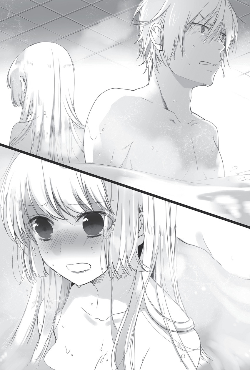 akatsuki_kojou back-to-back blush breasts cleavage collarbone eyebrows_visible_through_hair highres long_hair manyako_(mohumohu) medium_breasts mixed_bathing novel_illustration official_art open_mouth split_screen strike_the_blood upper_body wet