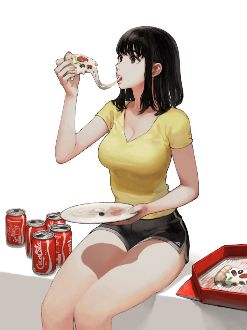 1girl black_eyes black_hair breasts can cleavage coca-cola eating food highres jun_(seojh1029) large_breasts legs original pizza plate short_shorts shorts sitting soda_can solo