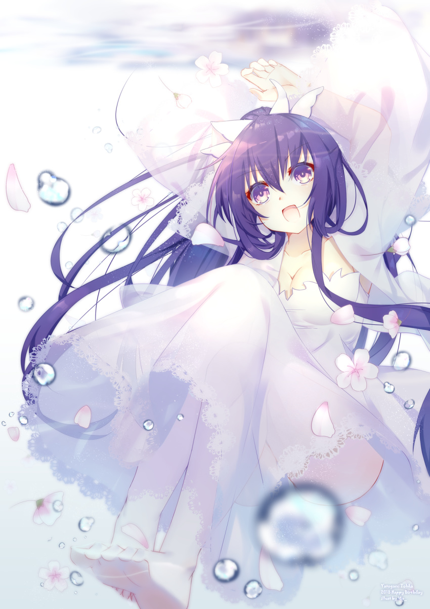 :d arm_up barefoot bow breasts cleavage collarbone date_a_live detached_sleeves dress eyebrows_visible_through_hair floating_hair hair_bow high_ponytail highres long_dress long_hair long_sleeves mo_(pixiv9929995) open_mouth purple_eyes purple_hair see-through smile soles solo underwater very_long_hair white_background white_bow white_dress white_sleeves yatogami_tooka