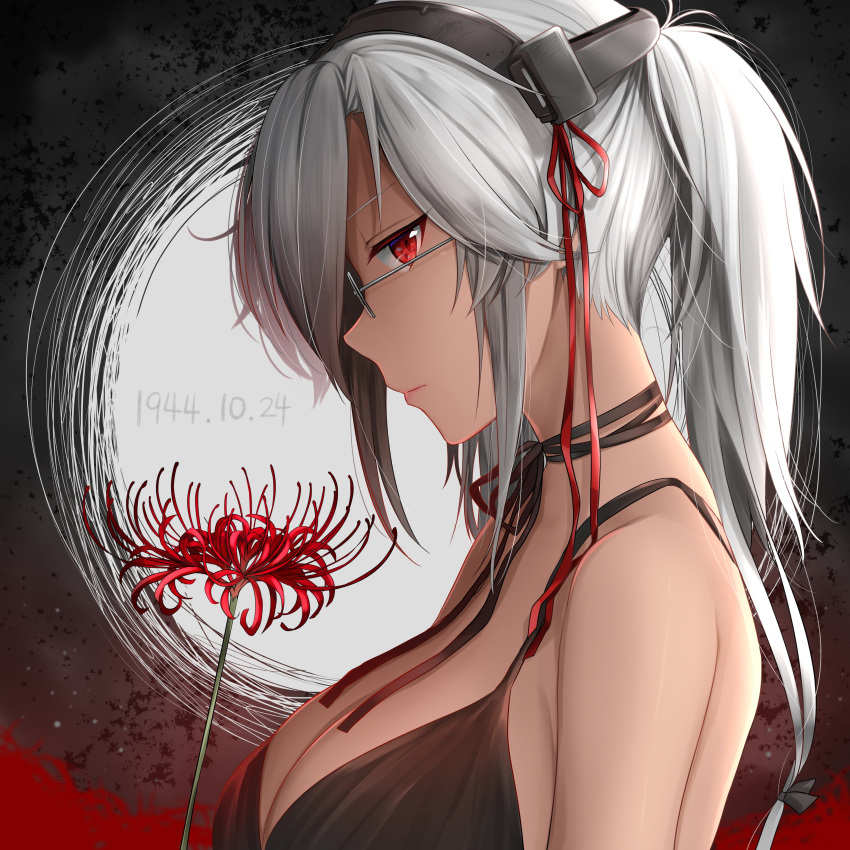 absurdres alternate_costume bangs bare_shoulders black_bow black_dress black_ribbon bow breasts closed_mouth commentary dark_skin dated dress flower from_side glasses hair_between_eyes hair_bow headgear highres holding holding_flower kantai_collection large_breasts lipstick long_hair looking_at_viewer makeup musashi_(kantai_collection) neck_ribbon pink_lipstick red_eyes ribbon sidelocks silver-framed_eyewear solo spider_lily tsurime two_side_up yunamaro