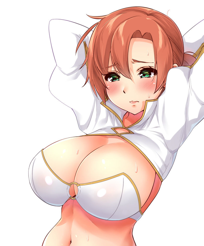 absurdres arms_behind_head bangs blush boudica_(fate/grand_order) breasts cleavage closed_mouth fate/grand_order fate_(series) frown green_eyes highres huge_breasts navel o-ring parted_bangs raised_eyebrows red_hair sarfata short_hair shrug simple_background solo sweat upper_body white_background