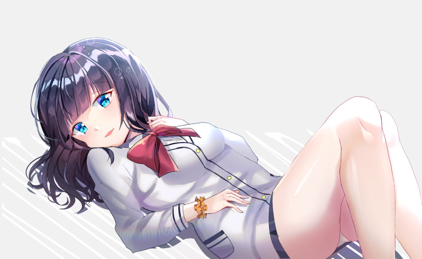 bad_revision bangs black_hair black_skirt blue_eyes blush bow breasts cardigan collared_shirt commentary downscaled_revision eyebrows_visible_through_hair hand_on_own_stomach highres knees_up long_hair long_sleeves looking_at_viewer lying md5_mismatch miniskirt miyo_(user_zdsp7735) on_back orange_scrunchie panties parted_lips pleated_skirt red_bow scrunchie shirt skirt small_breasts smile solo ssss.gridman takarada_rikka underwear white_cardigan white_panties white_shirt wrist_scrunchie