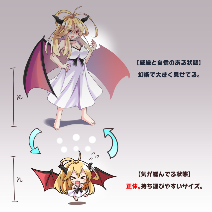 &gt;_&lt; :d bangs bare_arms bare_shoulders barefoot blonde_hair breasts brown_background chibi cleavage closed_eyes commentary_request demon_girl demon_horns demon_wings directional_arrow dress eyebrows_visible_through_hair fang flying_sweatdrops hair_between_eyes hand_on_hip hand_up highres horns long_hair medium_breasts open_mouth original red_eyes red_wings ryogo sleeveless sleeveless_dress smile standing translation_request very_long_hair white_dress wings xd
