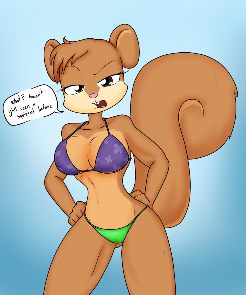 2016 annoyed anthro bikini breasts camel_toe clothed clothing dialogue english_text female fur half-closed_eyes hands_on_hips looking_at_viewer mammal midriff navel nickelodeon nipple_bulge open_mouth rodent sandy_cheeks simple_background skimpy solo spongebob_squarepants squirrel standing string_bikini swimsuit text theoretical-chaos unamused under_boob underwear