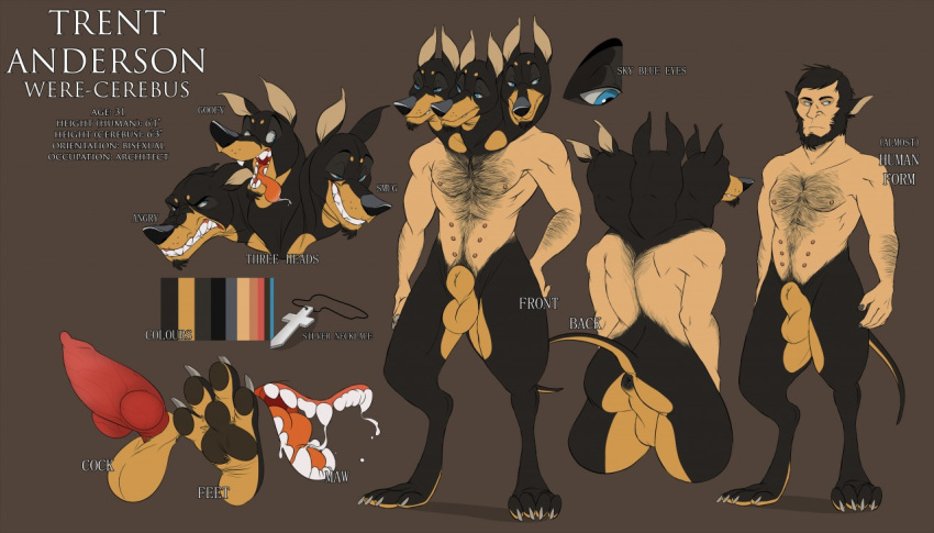 3_heads 8_nipples angry blue_eyes canine cerberus doberman dog human_to_anthro huntinsnake hybrid mammal model_sheet multi_head multi_nipple multifur nipples piromane satyr silly smug split_personality transformation were weredog werewolf