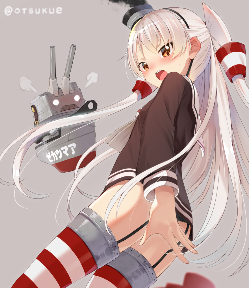 amatsukaze_(kantai_collection) bangs black_hairband black_panties blush brown_dress brown_eyes covering covering_ass dress dx_(dekusu) eyebrows_visible_through_hair fingernails grey_background hair_tubes hairband highres kantai_collection lifebuoy long_hair long_sleeves looking_at_viewer looking_back nose_blush open_mouth panties rensouhou-kun sailor_dress short_dress silver_hair smoke smokestack steam striped striped_legwear sweat thighhighs tilted_headwear twitter_username two_side_up underwear upper_teeth very_long_hair windsock