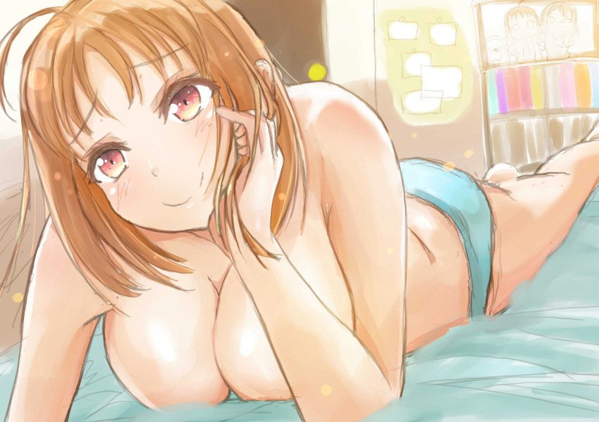 10s 1girl ahoge blush book breasts door eyebrows_visible_through_hair hand_on_own_face indoors kake_udon large_breasts looking_at_viewer love_live! love_live!_sunshine!! lying medium_hair on_stomach orange_hair photo_(object) red_eyes shiitake_(love_live!_sunshine!!) smile solo takami_chika topless watanabe_you