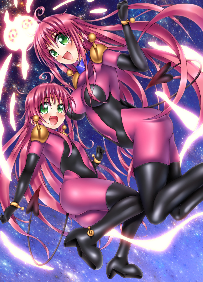absurdres ahoge ass bodysuit breasts commentary_request demon_tail dual_persona g_gundam green_eyes gundam highres lala_satalin_deviluke large_breasts long_hair looking_at_viewer mobile_trace_suit multiple_girls oooqqq open_mouth peke pink_bodysuit pink_hair skin_tight smile tail time_paradox to_love-ru to_love-ru_darkness younger