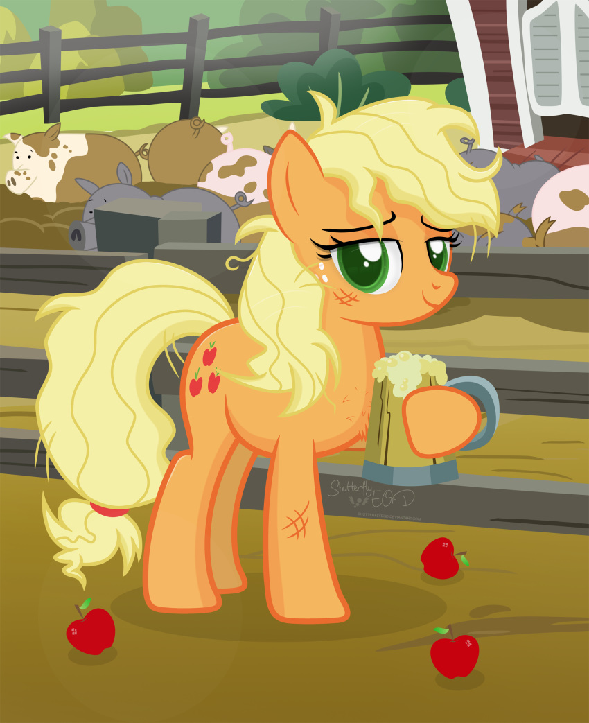 2018 apple applejack_(mlp) barn beverage dirty earth_pony equine female fence feral food friendship_is_magic fruit hair hat hi_res horse looking_at_viewer mammal mud my_little_pony outside pig pony porcine shutterflyeqd smile solo